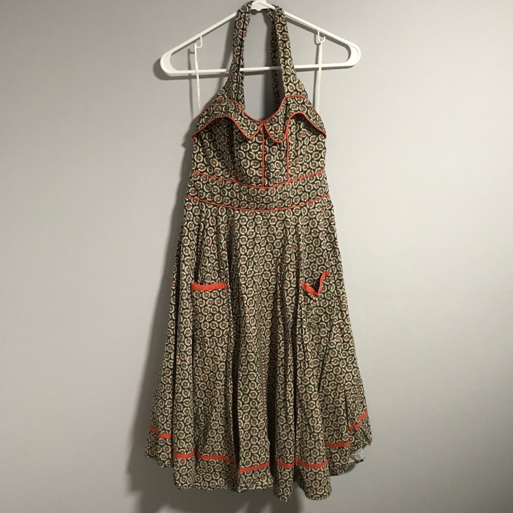 Aryeh floral tan orange halter flare dress M